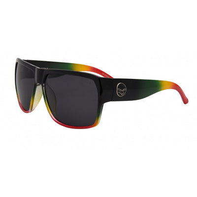 Sunglasses with a colorful frame on a white background.
RASTA / SMOKE POLARIZED LENS