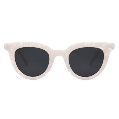 Cat-eye sunglasses with white frame and dark lenses on a white background.
Pearl / Smoke Polarized Lens