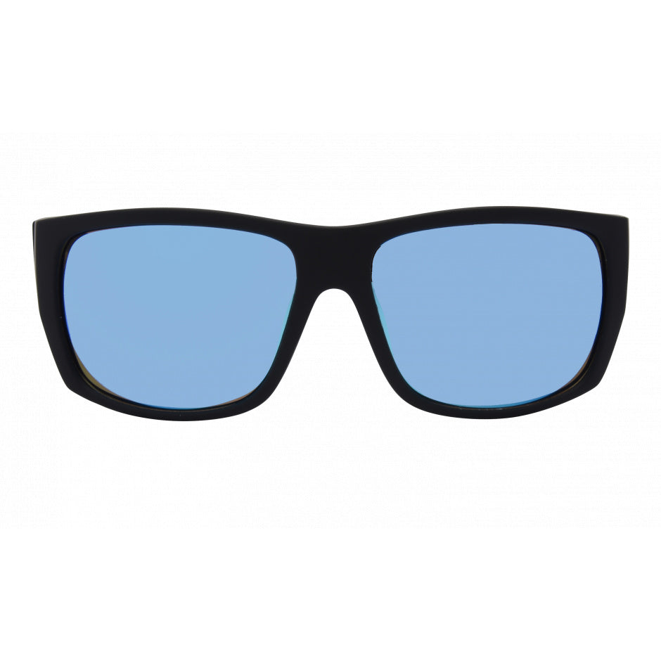 Black-framed sunglasses with blue lenses on a white background.
BLACK / BLUE MIRROR POLARIZED LENS