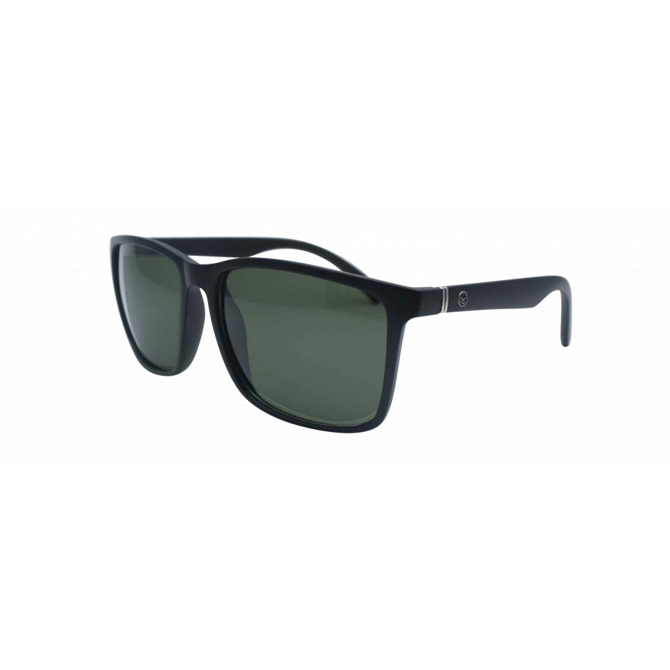 Black sunglasses with green lenses on a white background.
BLACK / GREEN POLARIZED LENS
