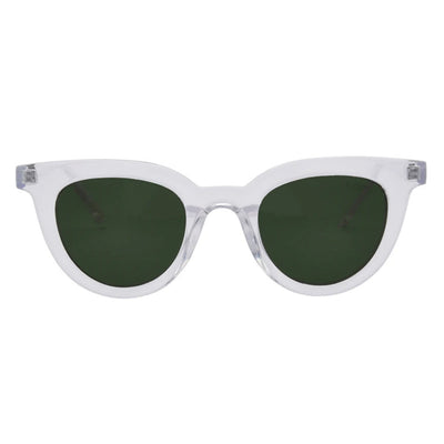 Clear frame sunglasses with green lenses on a white background.
Clear / Green Polarized Lens
