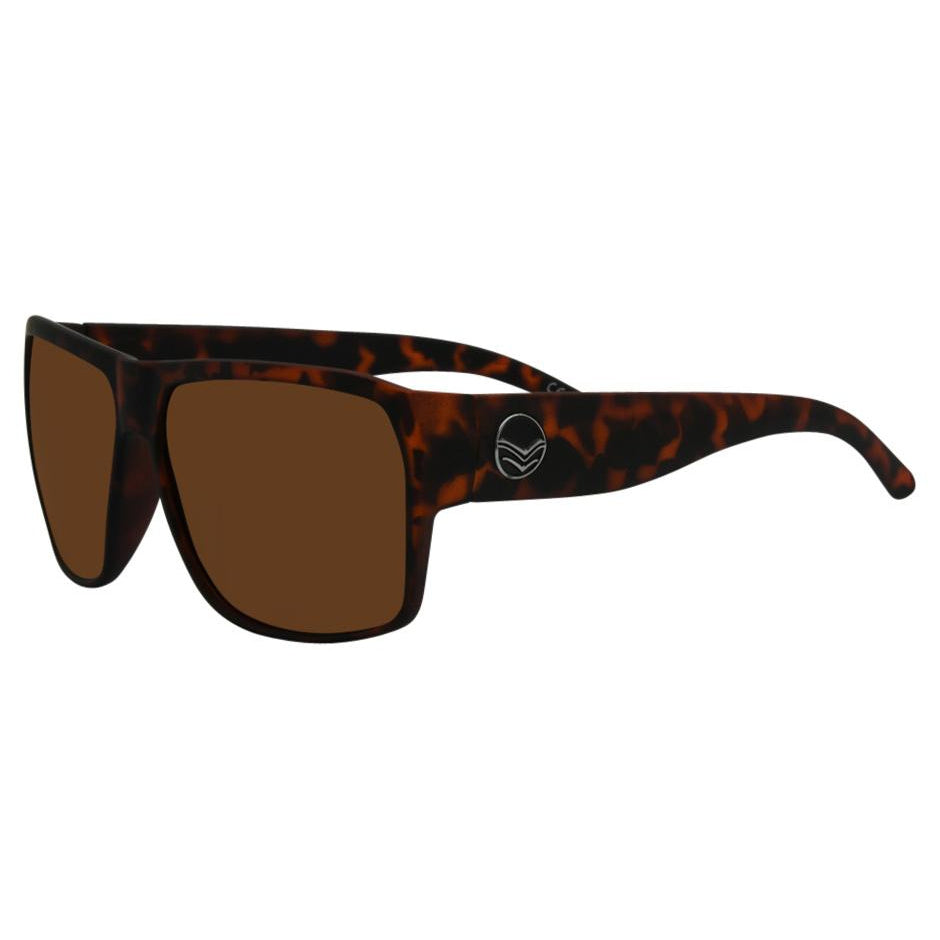 Sunglasses with tortoiseshell frame and brown lenses on a white background.
TORT / BROWN POLARIZED LENS