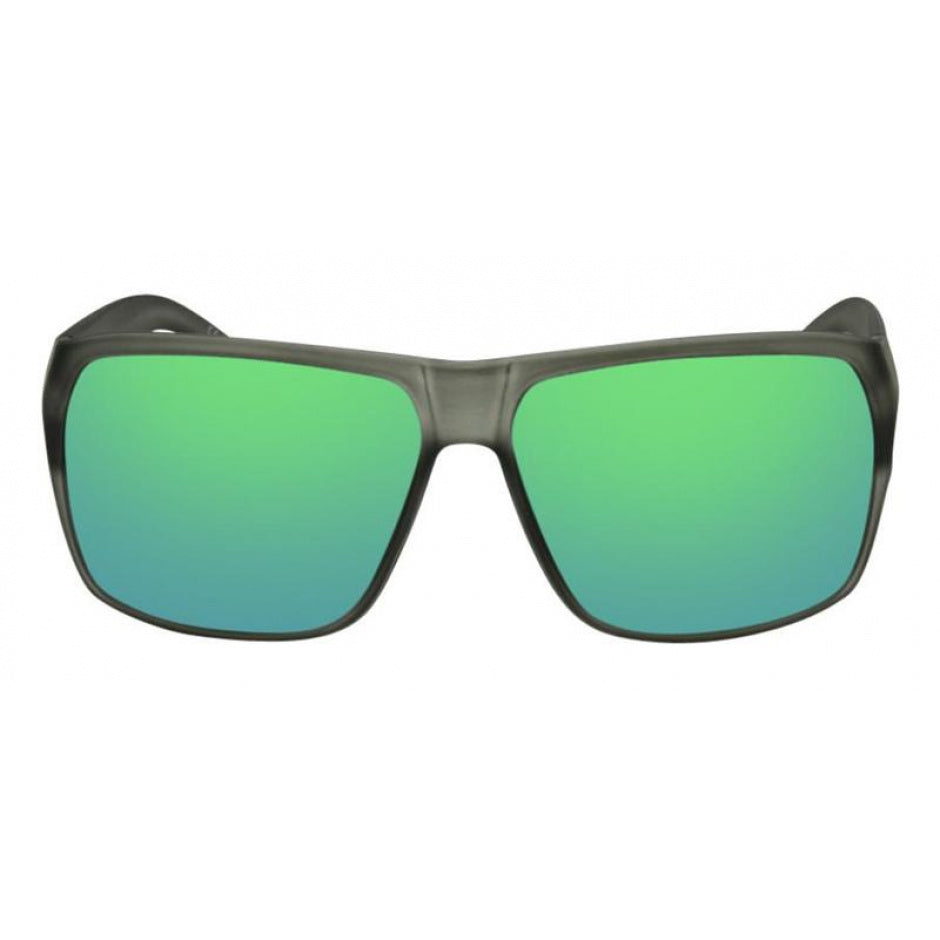 Sunglasses with green lenses and black frame on a white background.
GREY CRYSTAL MATTE / BLUE GREEN MIRROR POLARIZED LENS