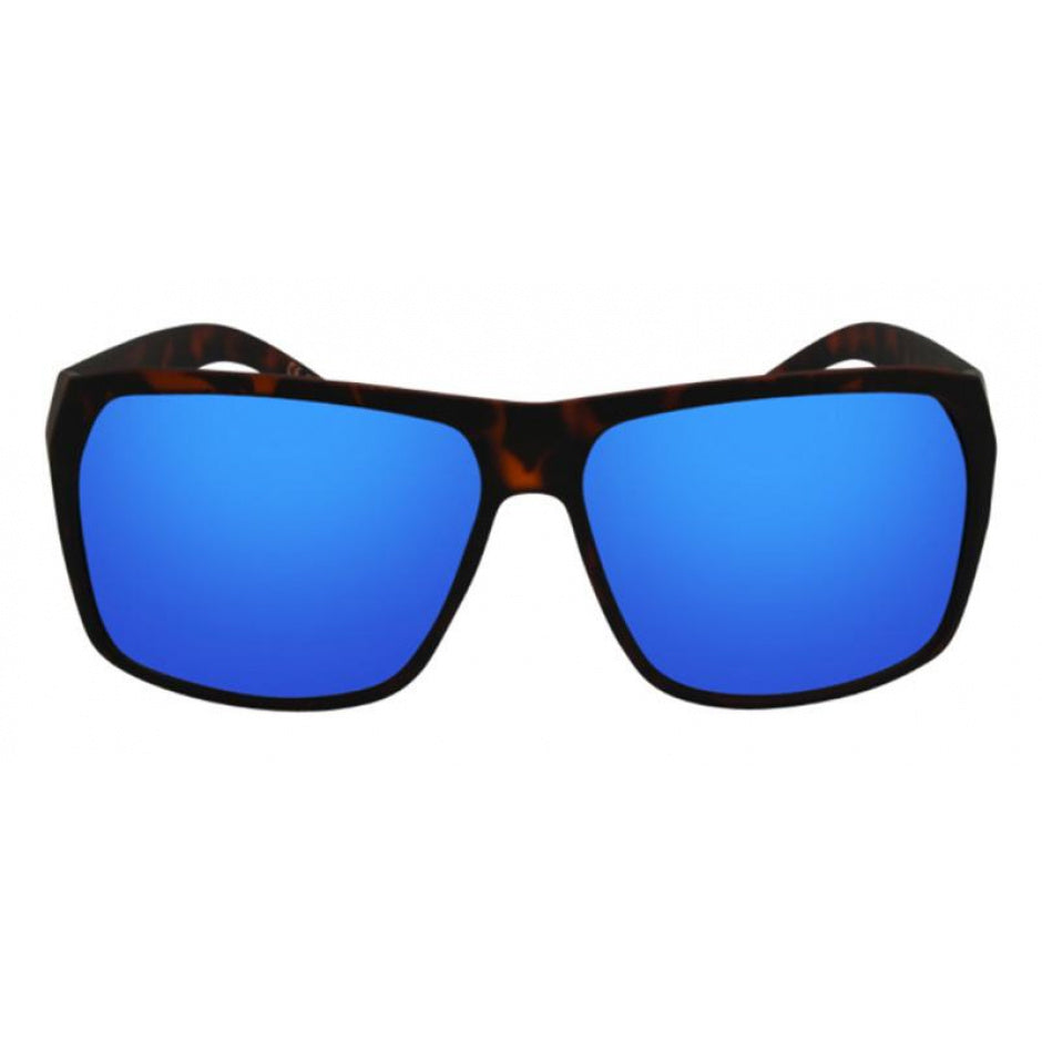 Sunglasses with blue lenses and tortoiseshell frame on a white background.
SOFT TORT / BLUE MIRROR POLARIZED LENS