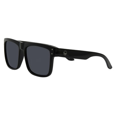 Black sunglasses with a logo on a white background.
BLACK SOFT TOUCH RUBBER / SMOKE POLARIZED LENS