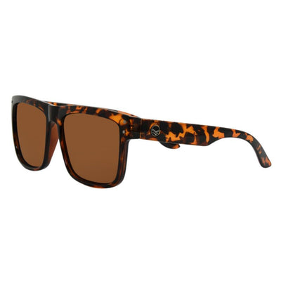 Sunglasses with tortoiseshell frame and brown lenses on a white background.
TORT SOFT TOUCH RUBBER / BROWN POLARIZED LENS
