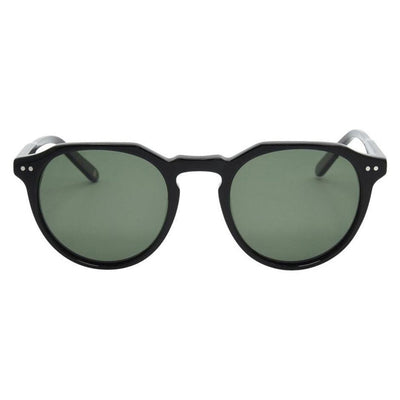 Black sunglasses with green lenses on a white background.
BLACK ACETATE / GREEN POLARIZED LENS