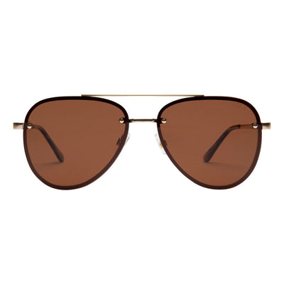 Sunglasses with brown lenses and gold frame on a white background.
GOLD / BROWN POLARIZED LENS