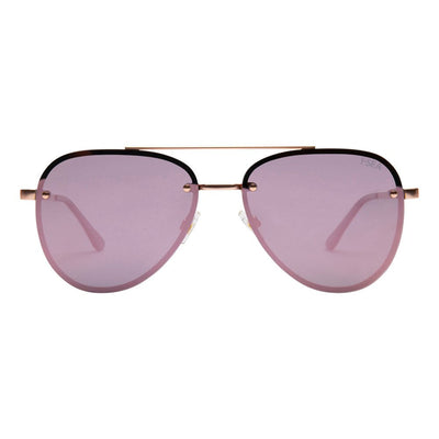 Sunglasses with pink lenses and gold frame on a white background.
ROSE GOLD / ROSE GOLD POLARIZED LENS